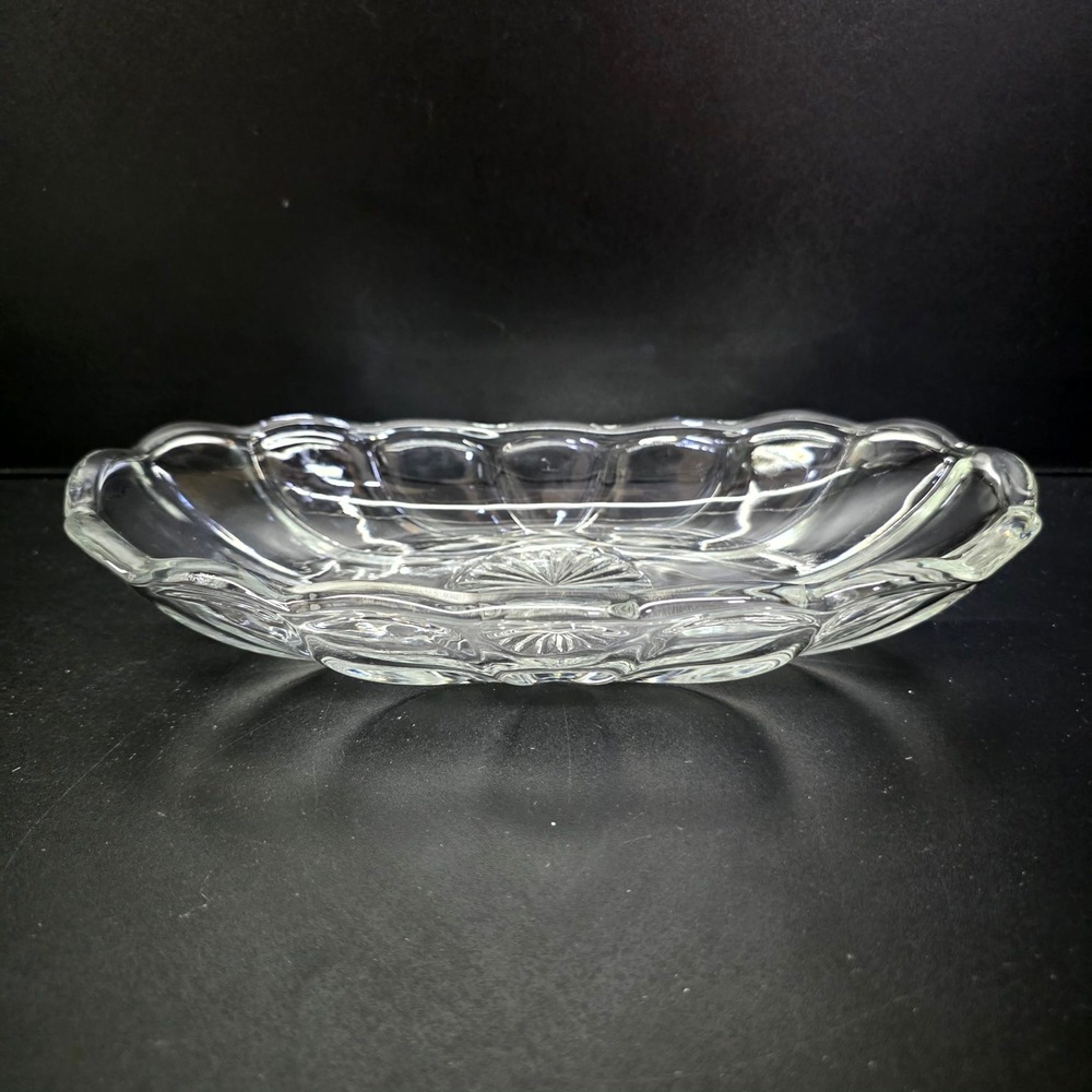 Glass Banana Boat Bowl Clear Sunburst Scalloped Ribbed Vintage Candy Dish Relish